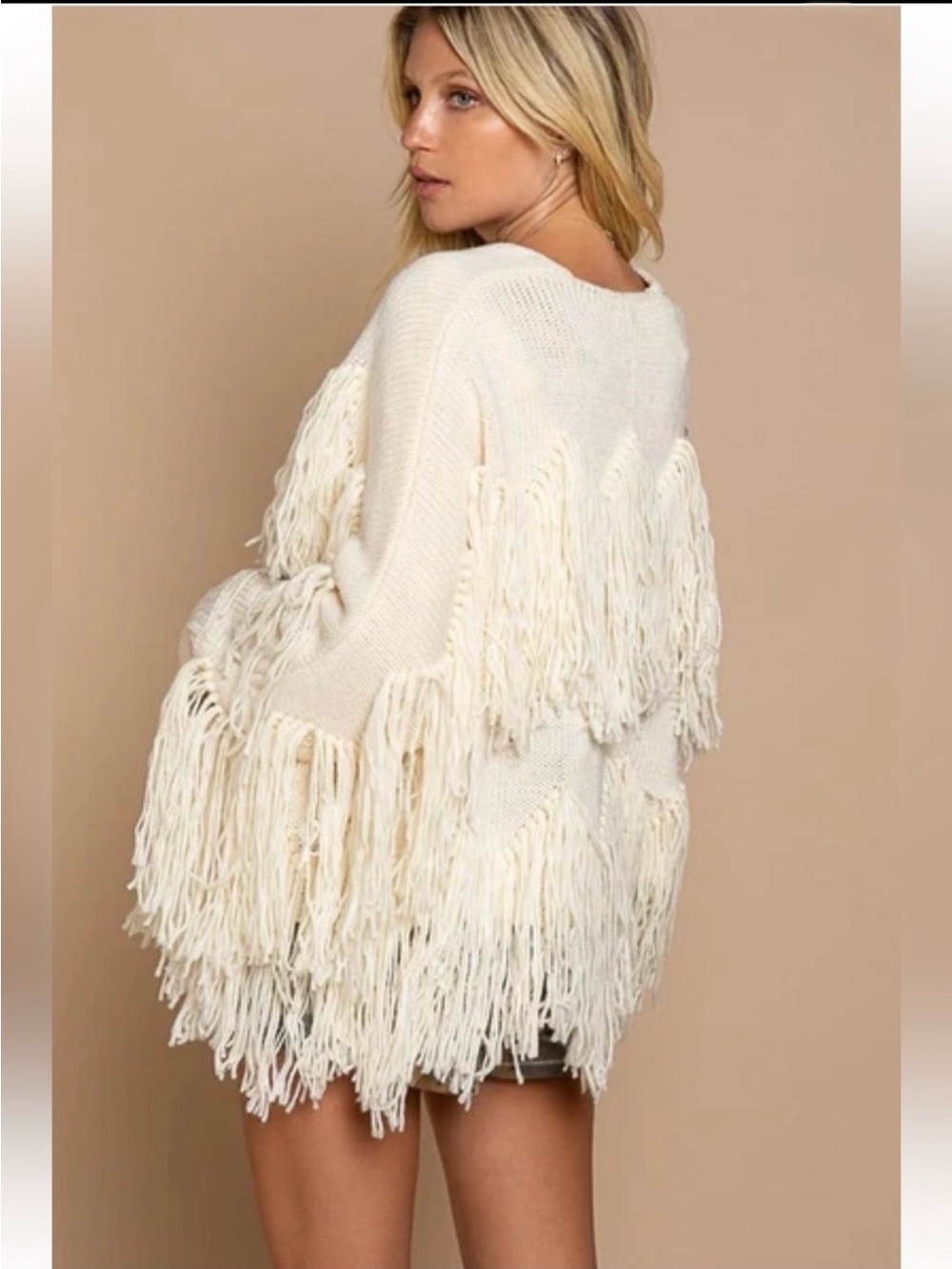 NWT: POL Tassel Fringe Detail Open Front Boho Cream Cardigan Sweater• Small - Picture 3 of 8